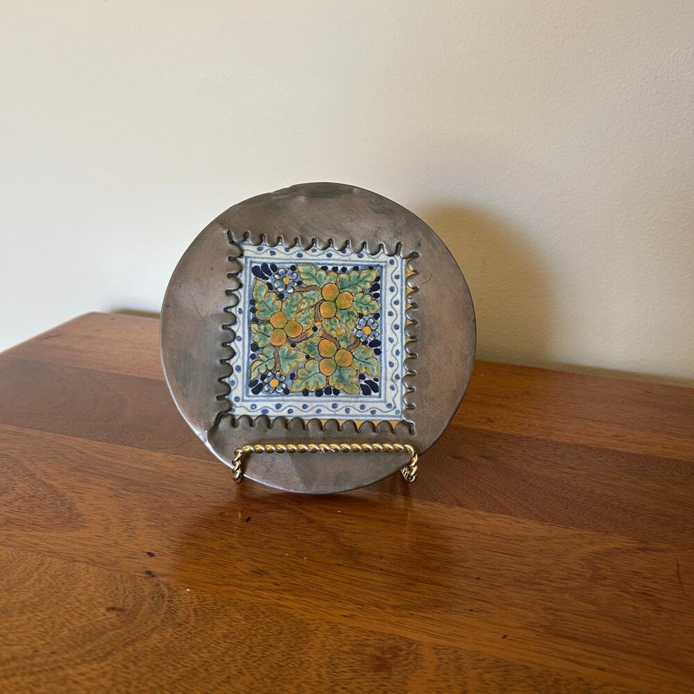 Vintage Hand-Painted Ceramic Tile Art Panel in Round Metal Frame